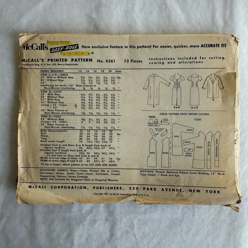 Vtg 50s McCalls 4361 Sewing Pattern  Dress Coat Jacket Sz 14 Bust 34